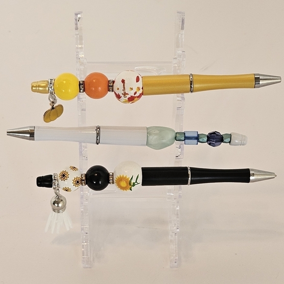 Hand Crafted Holiday Pens Beaded Set of 3 Fall Floral Sunflower Halloween Black - Picture 10 of 17